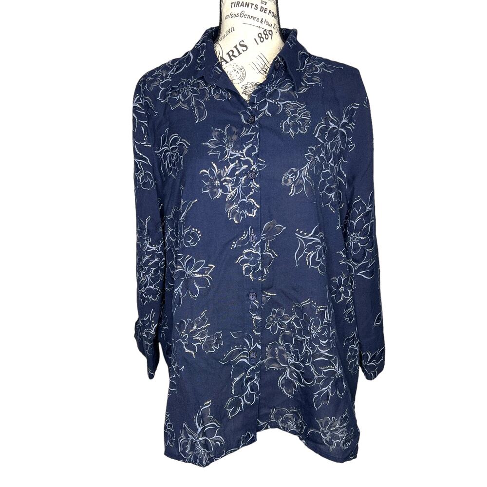 Alfred Dunner (12) Floral Semi Sheer Button Up Shirt Silver Detail Notched Cuff
